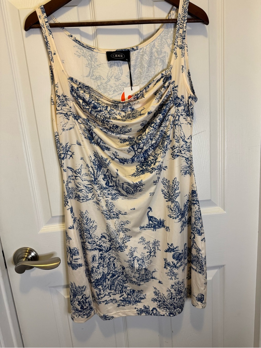 Cider Blue Toile Print Cowl Neck Mini Dress XL Cottagecore Coquette NWT